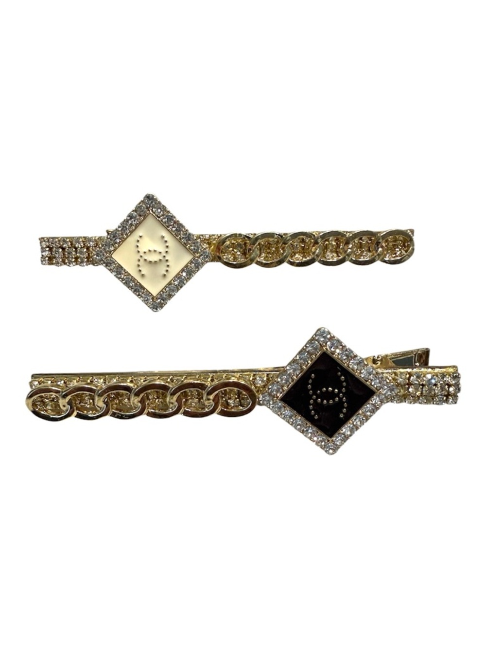 Rhinestone Chain Link Hair Clips with Black and Cream Inlays gold tone